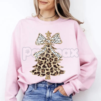 Leopard Print Christmas Tree & Dalmatian Bow Sweatshirt | Girly Cute Santa Holiday Jumper | Trendy Animal Print Xmas Crewneck