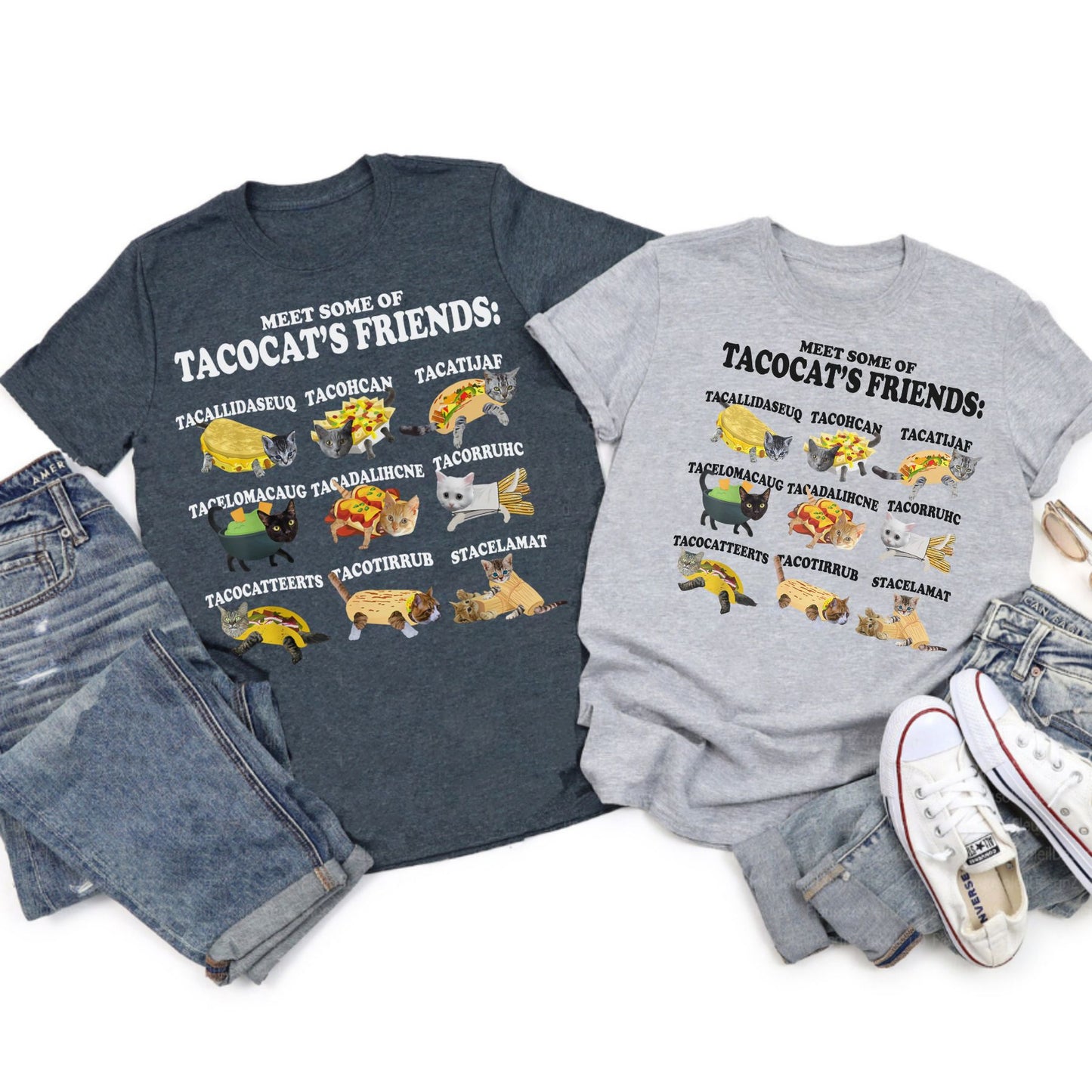 Tacocat and Friends T-Shirt - Funny Palindrome Cat Taco Graphic Tee, Unisex Humor Apparel