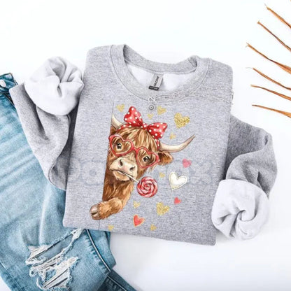 Valentine Highland Cow Sweatshirt | Coquette Western Bow Sweater | Howdy Valentine Sweatshirt | Aesthetic Country Cowgirl Jumper | Cute Highland Cow V-Day Pullover