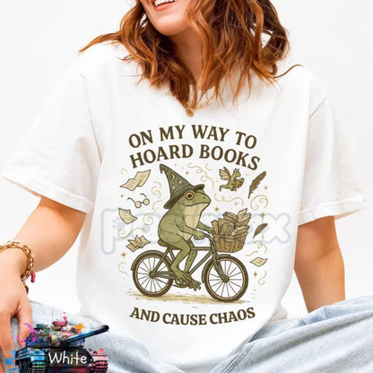 'On My Way To Hoard Books And Cause Chaos' T-Shirt – Funny Book Lover & Anti-Social Tee, Cottagecore Frog Vibe