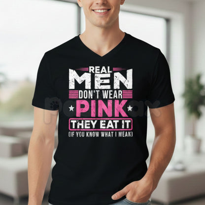 "Real Men Don't Wear Pink" Funny Cat T-Shirt - Absurdist Ironic Meme Graphic Tee, Surreal Humor Streetwear, Nonsensical Slogan Weirdcore Shirt