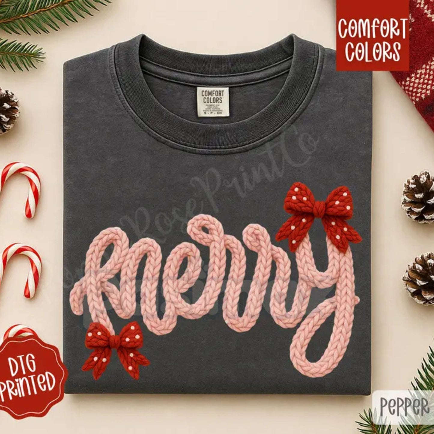 'Merry' Faux Knit Christmas Shirt – Comfort Colors® Vintage Sweater Look Tee, Cozy Holiday Graphic T-Shirt