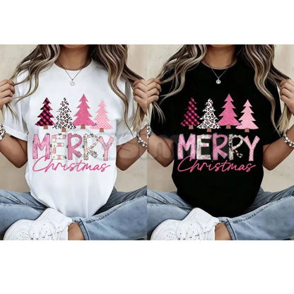 Leopard Print Pink Plaid Christmas Trees T-Shirt - Glam Holiday Statement Tee, Maximalist Festive Fashion for Women, Edgy Seasonal Graphic