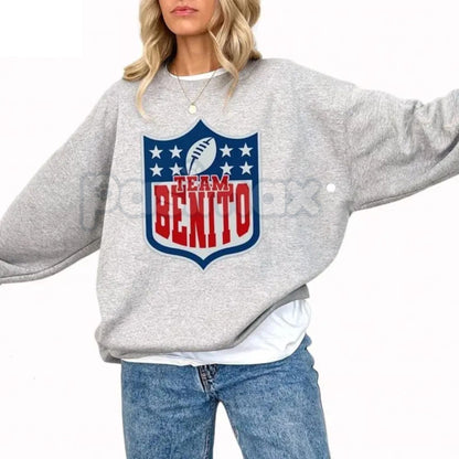 Team Benito Sweatshirt | Retro Football Shield Graphic Crewneck | Bad Bunny Fan Apparel | Aesthetic Reggaeton Jumper | Vintage Varsity Sports Pullover | Puerto Rico Music Fan Gift