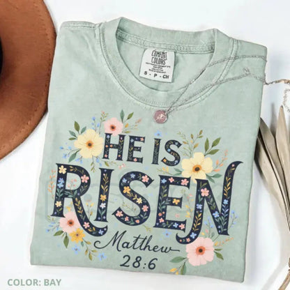 Comfort Colors® Retro "He Is Risen" Sun & Wildflower T-Shirt – Minimalist Christian Easter Tee, Aesthetic Spring Faith Shirt, Cute Jesus Flower Gift for Her
