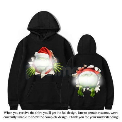 Christmas Movie Character Green Guy Through Hole 2-Sided Hoodie – Trendy Holiday Season Graphic Pullover, Unisex Classic Comfort Cotton