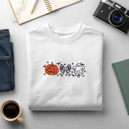 Cutesy Spooky Bows T-Shirt – Embroidered, Relaxed Fit Tee with Ghost & Spiderweb Design