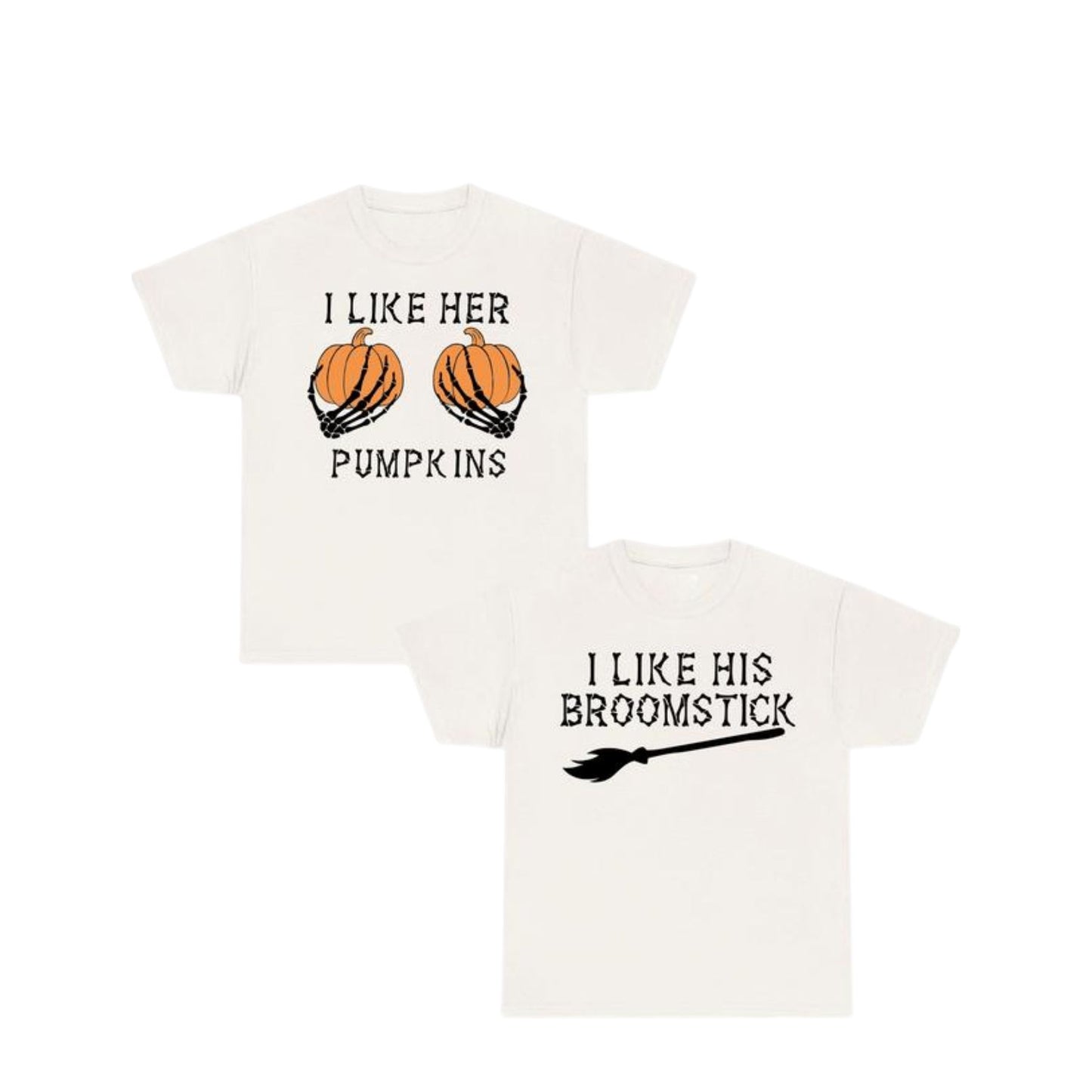 Halloween Couple T-Shirts – I Like Her Pumpkins / I Like His Broomstick