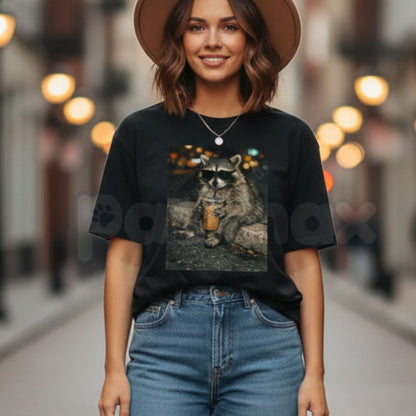 Funny Raccoon Drinking Iced Coffee Vintage T-Shirt - Retro Trash Panda Graphic Tee, Caffeinated Animal Humor Shirt, Premium Heavyweight Unisex 100% Cotton Top, Relatable Coffee Lover Gift, Vintage Style Raccoon Streetwear