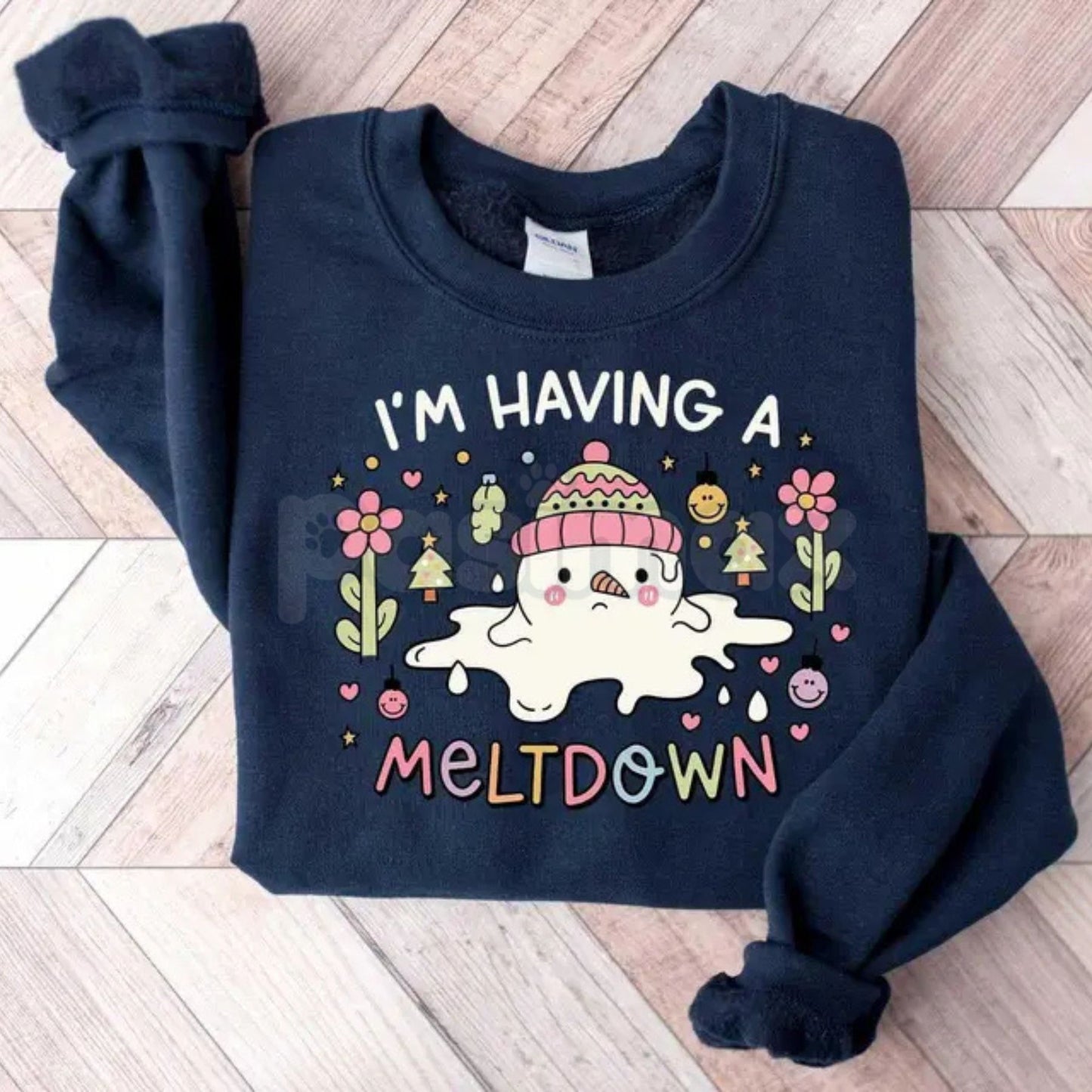 I'm Having A Meltdown Sweatshirt | Funny Snowman Pun Crewneck | Relatable Winter Humor Jumper | Sarcastic Melting Snowman Pullover | Winter Blues Graphic Shirt | Cute Chaotic Holiday Gift