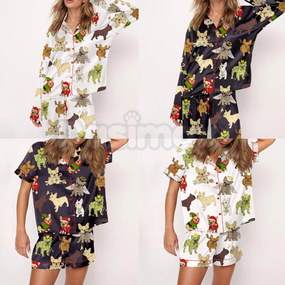Christmas French Bulldog Satin Pajama Set for Women - Comfy Silky Sleepwear & Loungewear PJs