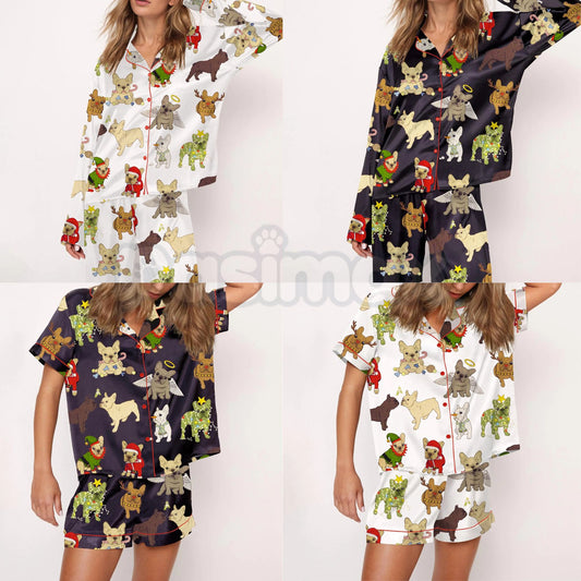 Christmas French Bulldog Satin Pajama Set for Women - Comfy Silky Sleepwear & Loungewear PJs