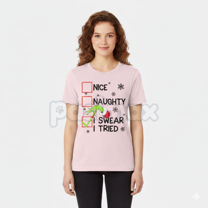 Groovy Naughty "I Swear I Tried" Christmas Holiday Unisex Tee - Funny Self-Aware Slogan Shirt, Retro Christmas Humor Apparel, Unisex Holiday Gift