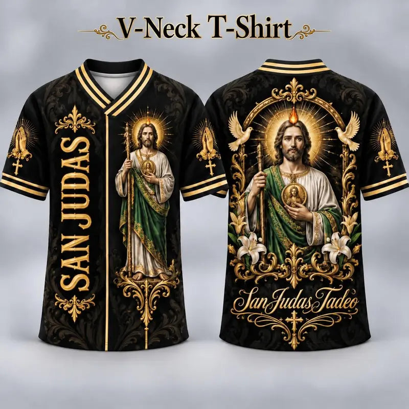 (Pre Order) San Judas Tadeo V-Neck T-Shirt & Baseball Jersey – Religious St. Jude Thaddeus Faith Shirt