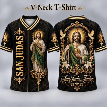 (Pre Order) San Judas Tadeo V-Neck T-Shirt & Baseball Jersey – Religious St. Jude Thaddeus Faith Shirt