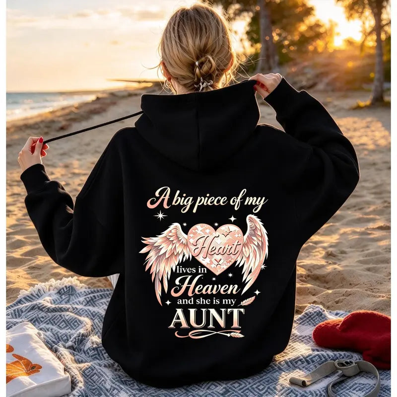 A Big Piece Of My Heart Lives In Heaven Memorial Back Print Hoodie – In Loving Memory Graphic Pullover, Angel Wing Remembrance Sweatshirt, Unisex Heavy Blend