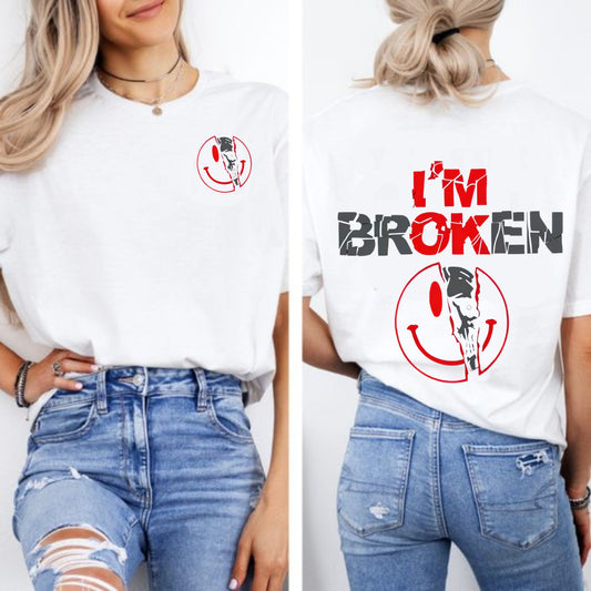 2-Sided "I'm Broken" Shirt - Horror Smile & Broken Heart Graphic Tee, Unisex Sweater-Pasimax