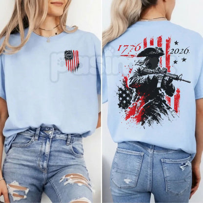 250th Anniversary Distressed American Flag 2-Sided T-Shirt – Retro 1776-2026 Revolutionary Soldier Patriotic Graphic Tee-Pasimax