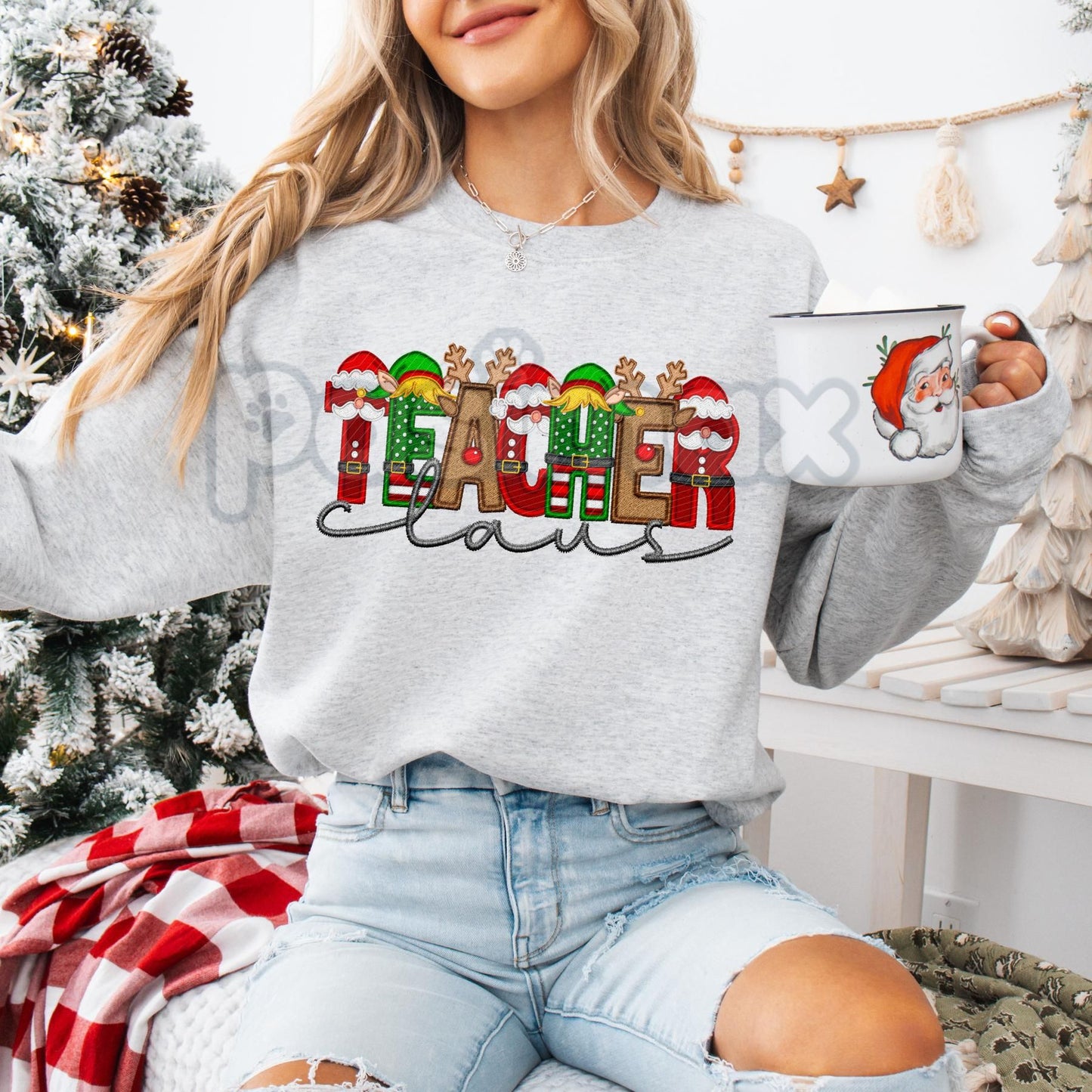 Unisex Faux Embroidery "Claus" Christmas Sweatshirt – Festive Holiday Pullover