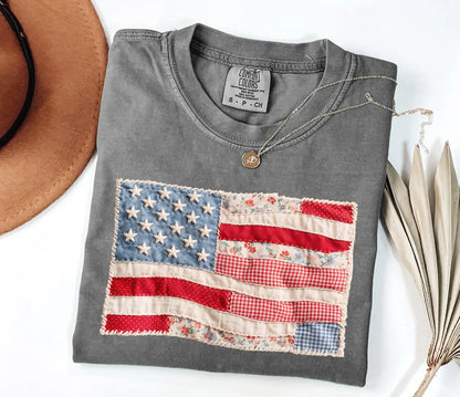 Comfort Colors® Retro American Flag T-Shirt – Faux Patchwork USA Graphic Tee, Vintage Patriotic 4th of July Shirt, Aesthetic Independence Day Top