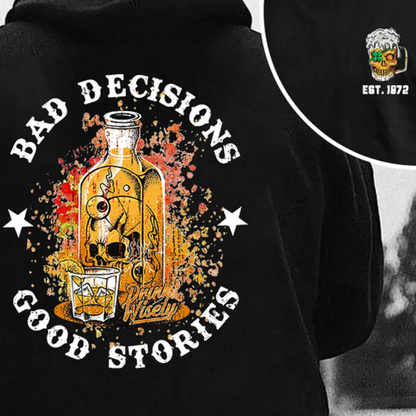"Bad Decisions Good Stories" Halloween Hoodie – Gen X Pullover, Spooky Nostalgia