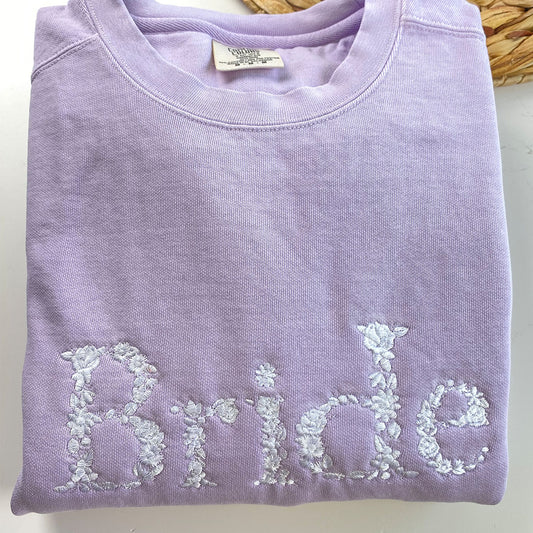 Custom Embroidered Bride Comfort Color® Sweatshirt with Floral Letter, Personalized Wedding Bride Gift, Meaningful Gift for Bridal