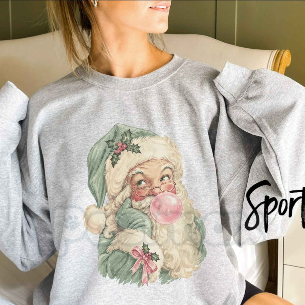 Pastel Bubblegum Santa Graphic Top | Retro Pink Christmas Crewneck