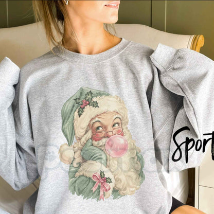 Pastel Bubblegum Santa Graphic Top | Retro Pink Christmas Crewneck