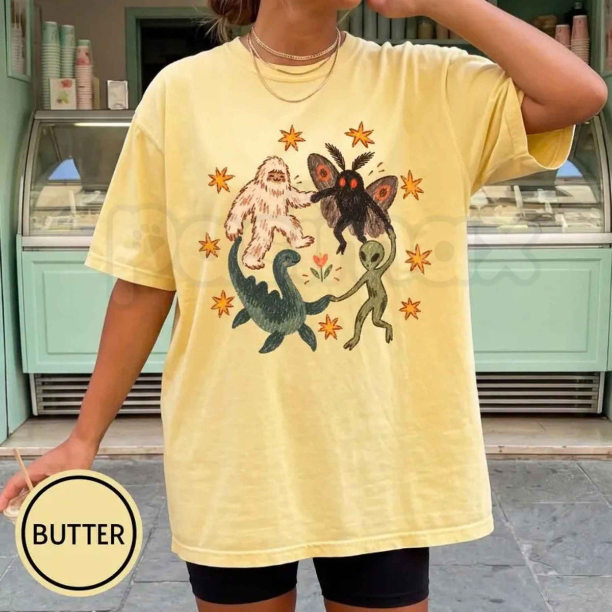 Comfort Colors® Dancing Cryptids T-Shirt – Bigfoot, Mothman & Alien Retro Graphic Tee, Vintage Paranormal Unisex Top & Gift