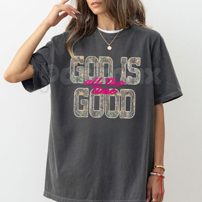 Comfort Colors® "God Is Good" Camo T-Shirt – Aesthetic Christian Faith Tee, Trendy Camouflage Religious Shirt, Vintage Spiritual Streetwear Top