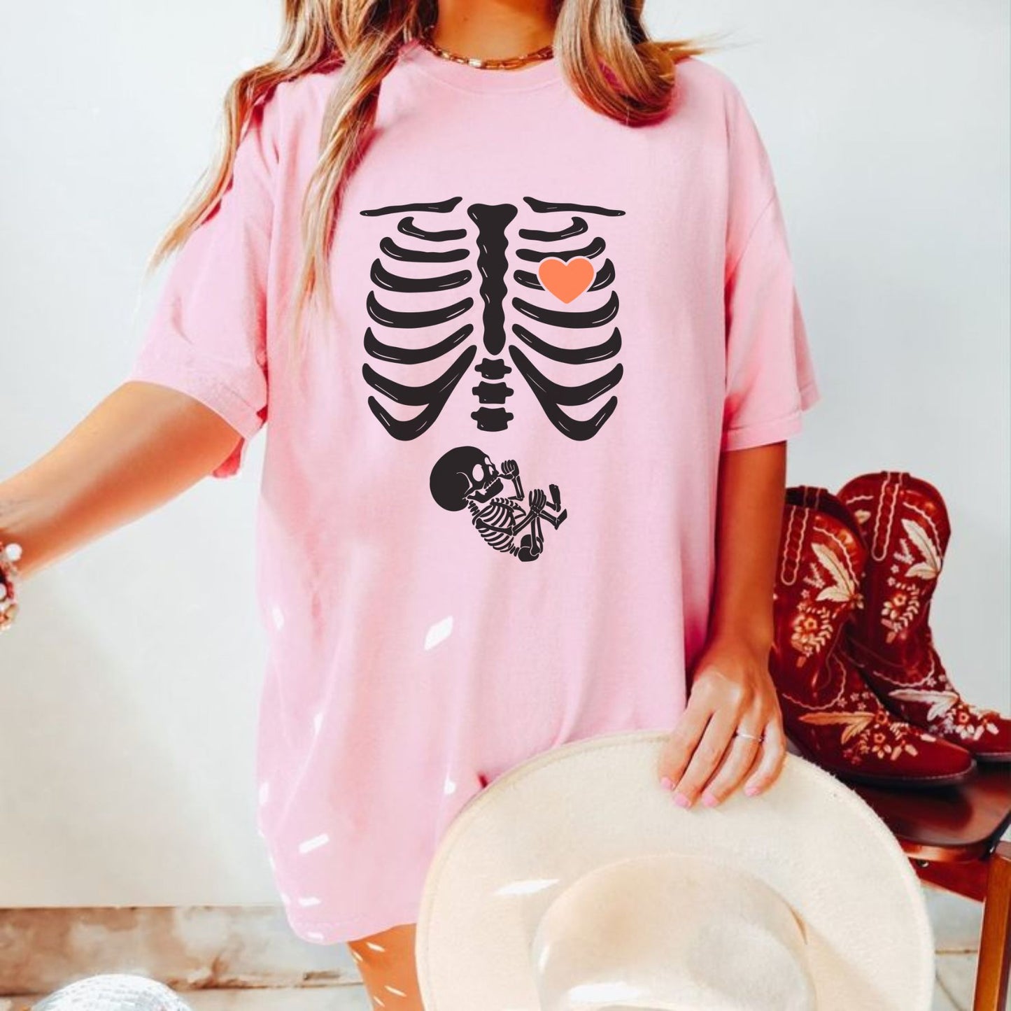 Skeleton Halloween Maternity T-Shirt - Funny Pregnancy Announcement Tee, Spooky Baby Reveal