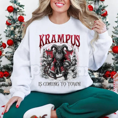 Retro Krampus Ugly Sweater Crewneck | Vintage Krampus Is Coming Jumper | Funny 80s Spooky Christmas Shirt | Alternative Holiday Gift