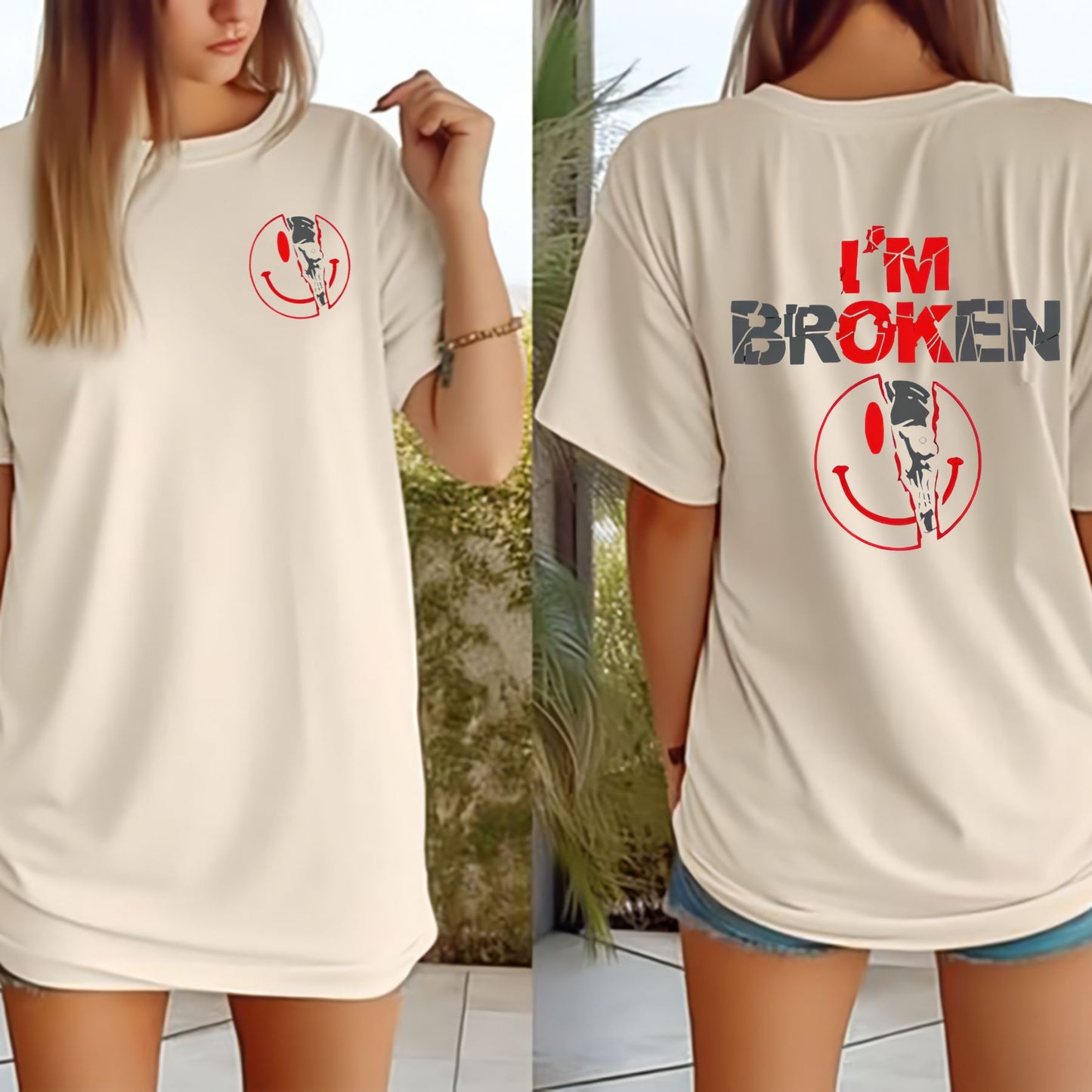 2-Sided "I'm Broken" Shirt - Horror Smile & Broken Heart Graphic Tee, Unisex Sweater