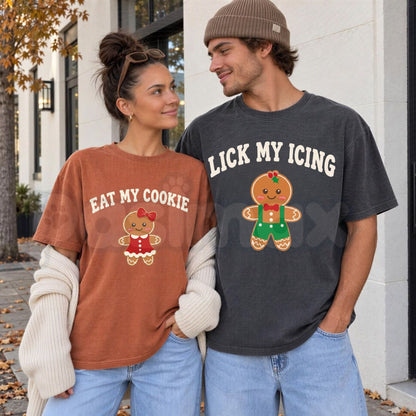 Comfort Colors® Eat My Cookie & Lick My Icing Matching Christmas Couple T-Shirts – Funny Inappropriate Gingerbread Graphic Tee, Holiday Unisex Top & Gift