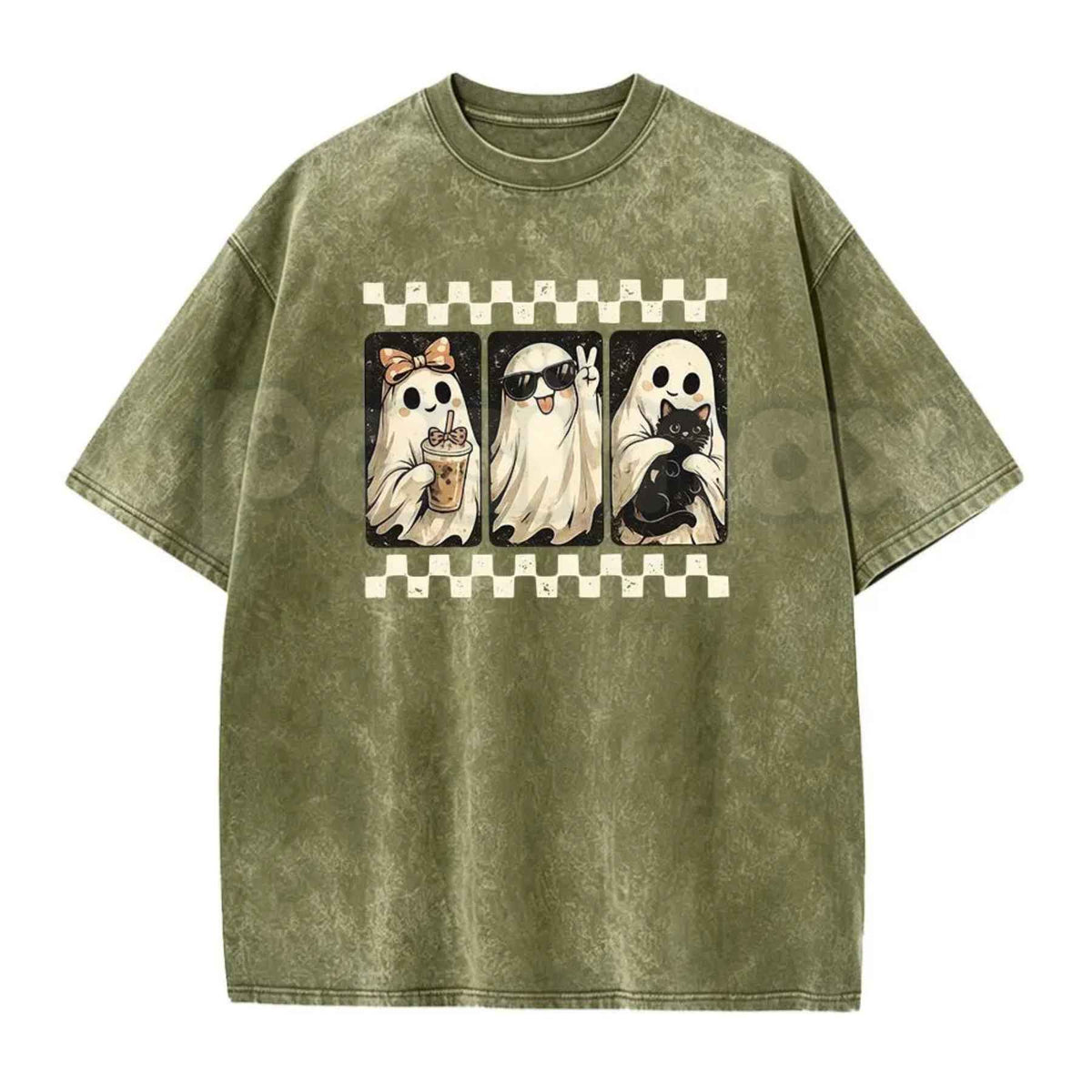 Spooky Theme Short Sleeve Tee – Halloween Black Cat & Ghost Collage Graphic Shirt, Vintage Washed Lightweight Cotton Unisex Casual Wear
