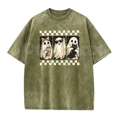 Spooky Theme Short Sleeve Tee – Halloween Black Cat & Ghost Collage Graphic Shirt, Vintage Washed Lightweight Cotton Unisex Casual Wear