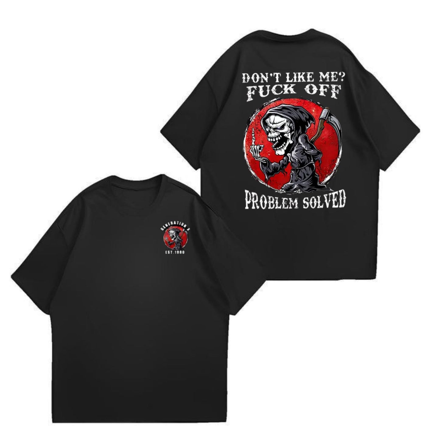 Don’t Like Me F*ck Off Problem Solved T-Shirt – Funny Halloween Graphic Tee, Unisex Casual Cotton Shirt