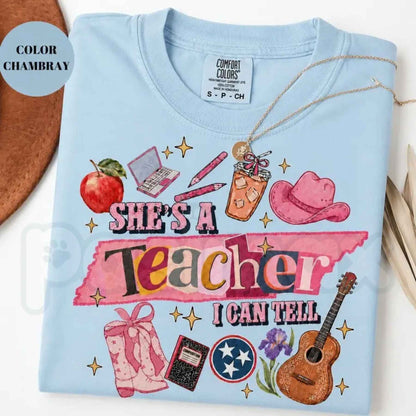 Comfort Colors® "She's A Teacher, I Can Tell" T-Shirt – Retro Aesthetic Funny Teacher Graphic Tee, Cute Back to School Gift, Whimsical Educator Unisex Top