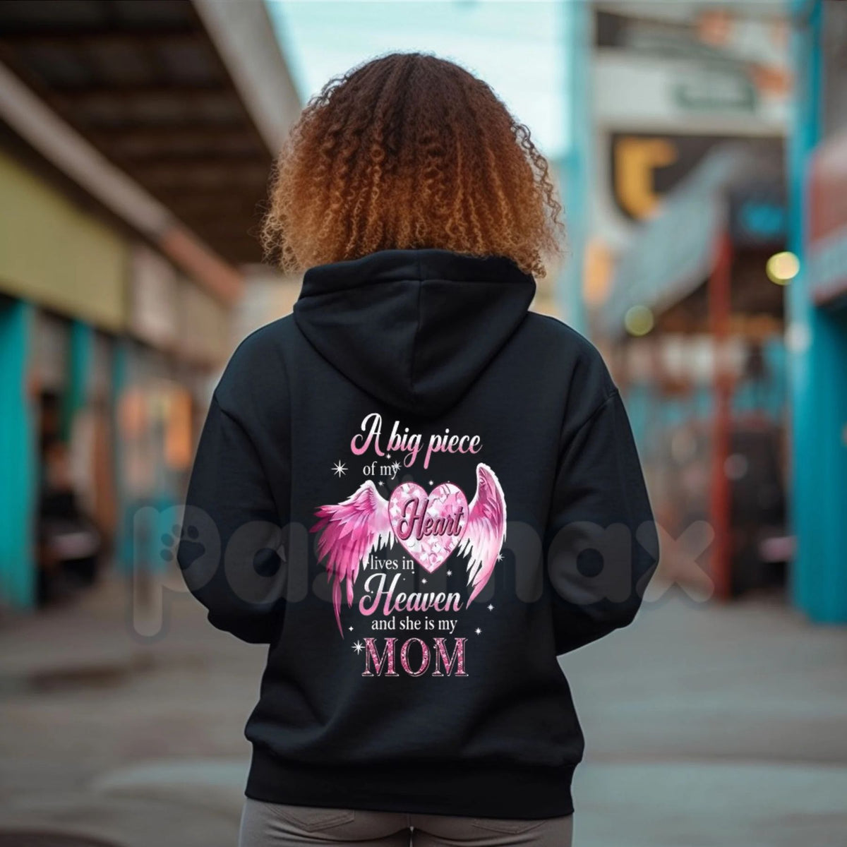 A Big Piece Of My Heart Lives In Heaven Mom Memorial Back Print Hoodie – In Loving Memory Graphic Pullover, Remembrance Sweatshirt, Unisex Heavy Blend