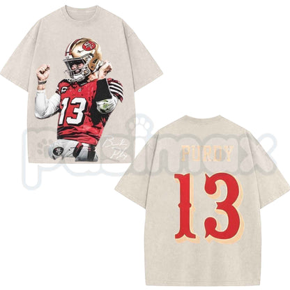 Brock Purdy #13 Bay Area Football Fan Art Inspired Acid Washed Graphic Tee – Retro San Francisco Quarterback Shirt, Vintage Mineral Wash Lightweight Cotton Unisex Top