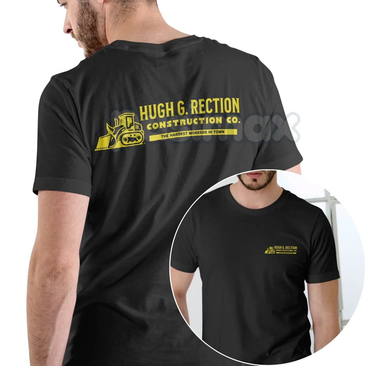 Hugh G Rection Construction Co. Funny T Shirt - Adult Humor Logo Design Tee, Unisex Cotton Black Tee for Men