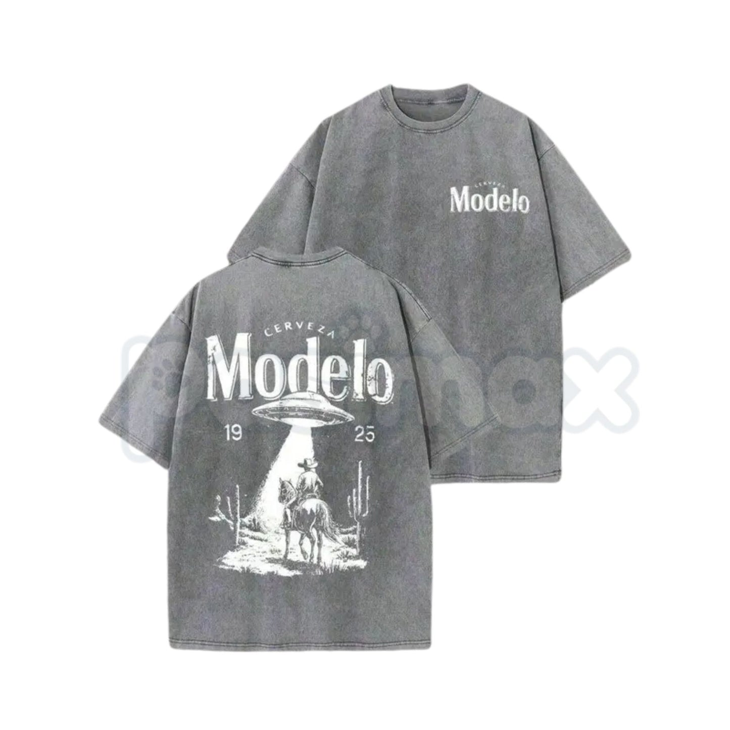 Modelo UFO Cowboy Graphic T-Shirt – Vintage Washed Alien Western Tee, Lightweight Retro Cotton Beer Streetwear