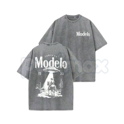 Modelo UFO Cowboy Graphic T-Shirt – Vintage Washed Alien Western Tee, Lightweight Retro Cotton Beer Streetwear
