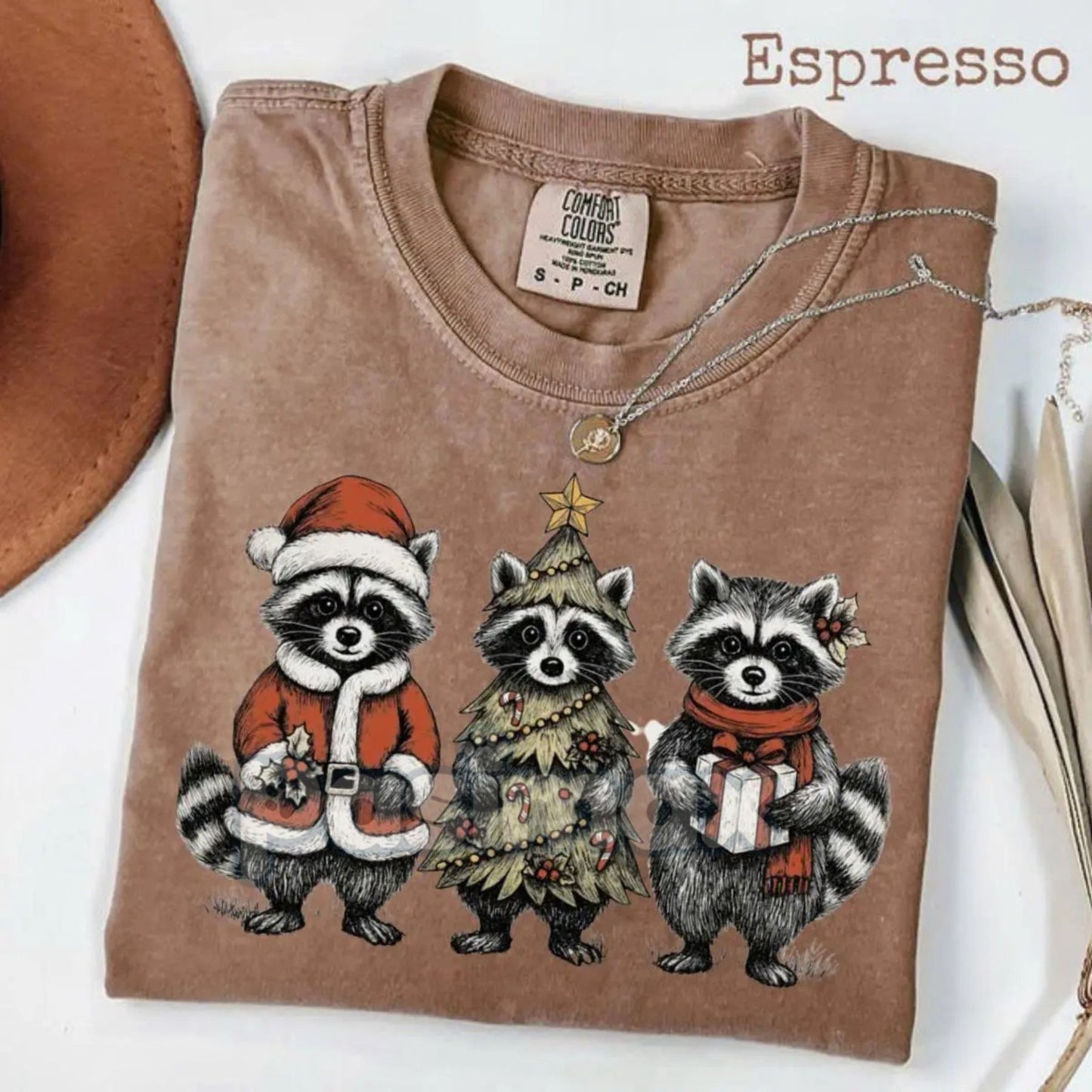 Comfort Colors® Festive Raccoon Family T-Shirt – Adorable Woodland Christmas Tee, Santa Hat Animal Gift