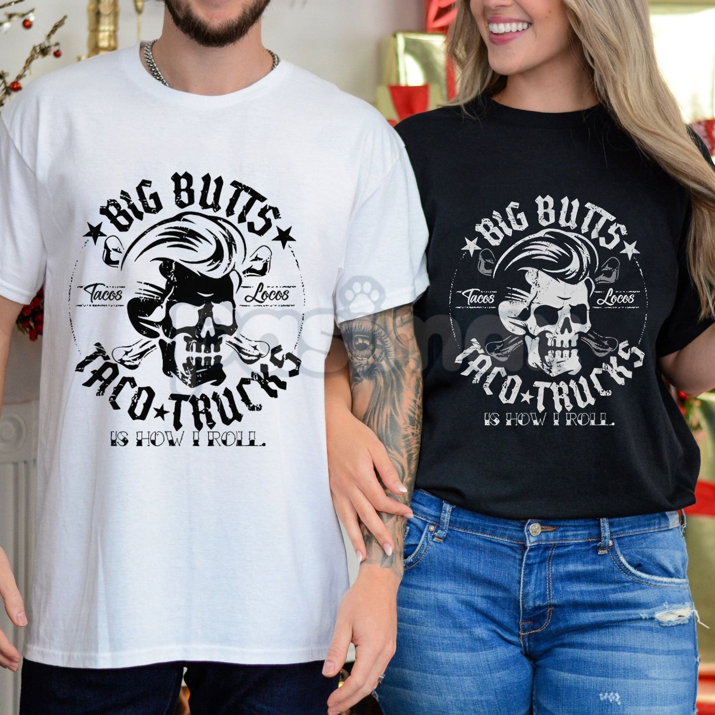 BIG BUTTS & TACO TRUCKS Funny Skull Print Men's T-Shirt - Funny Slogan Graphic Tee, Irreverent Street Food Apparel, Edgy Casual Gift for Him
