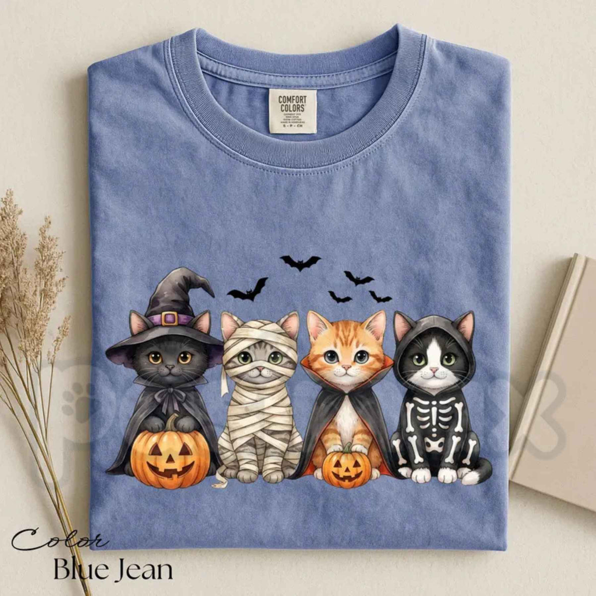 Comfort Colors® Halloween Cat T-Shirt – Spooky Cats & Pumpkin Graphic Tee, Retro Cat Lover Fall Unisex Top & Gift