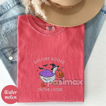 The Ghostly Goose Embroidered Comfort Colors® T-Shirt – Quirky Halloween Goose Tee