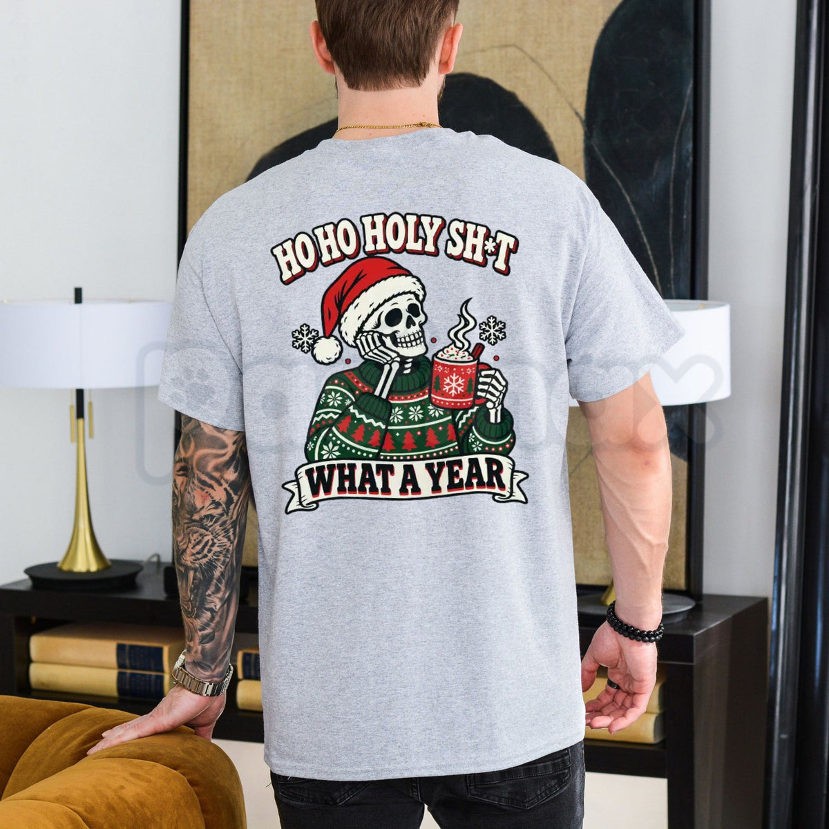 Ho Ho Holy Shit What A Year Skeleton Christmas T-Shirt – Funny Sarcastic Holiday Graphic Tee