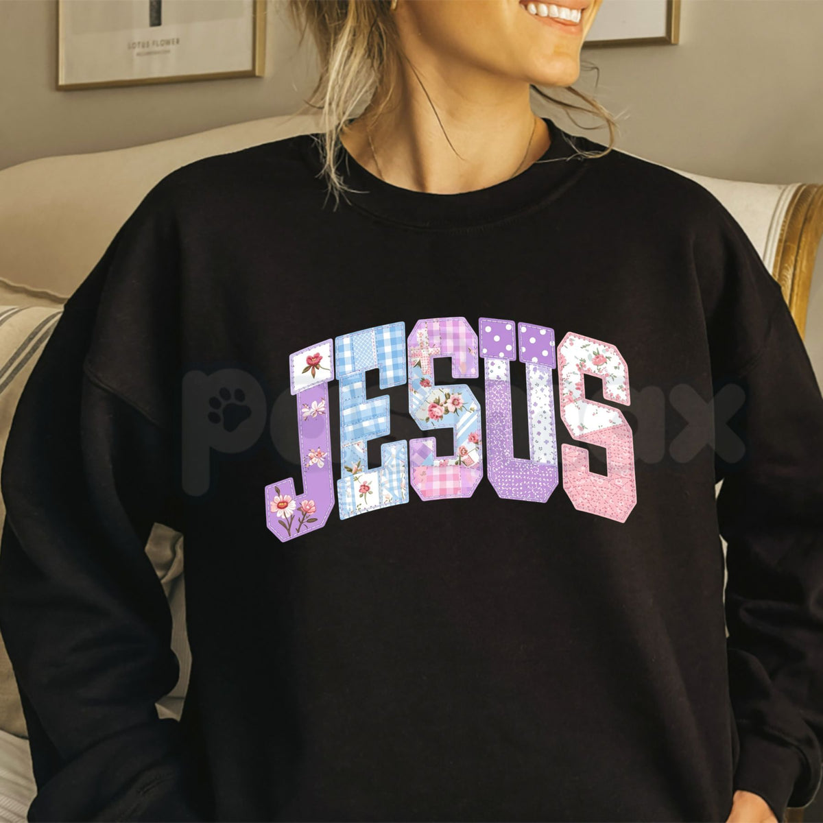Patterned Jesus Sweatshirt | Retro Faith Grid & Cross Graphic Crewneck