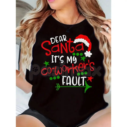 "Dear Santa It's My Coworker's Fault" T-Shirt - Funny Office Christmas Gift Women Plus Size, Santa Hat Print Holiday Tee, Workplace Humor Apparel